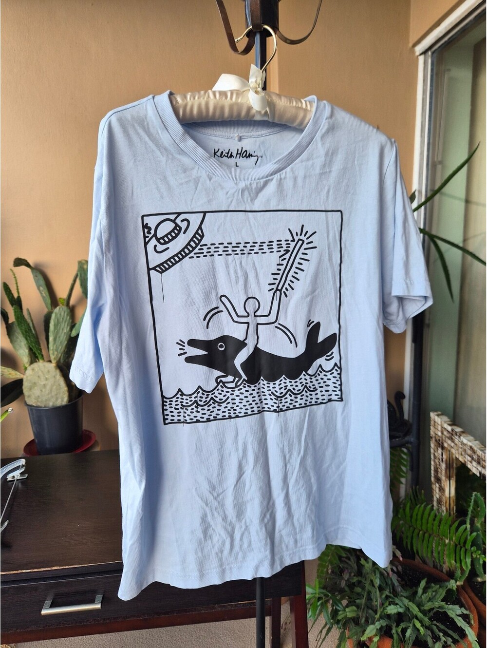 Keith Haring UFO Dolphin Graphic T-Shirt Light Blue Size L